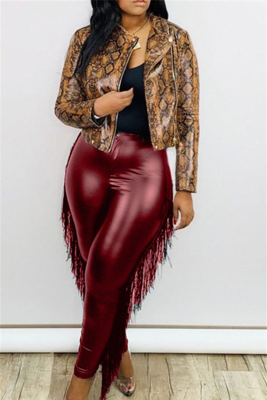 Bottoms female | Fashion Plus Size Tassels Slim Fit High Waist Faux Leather Pants