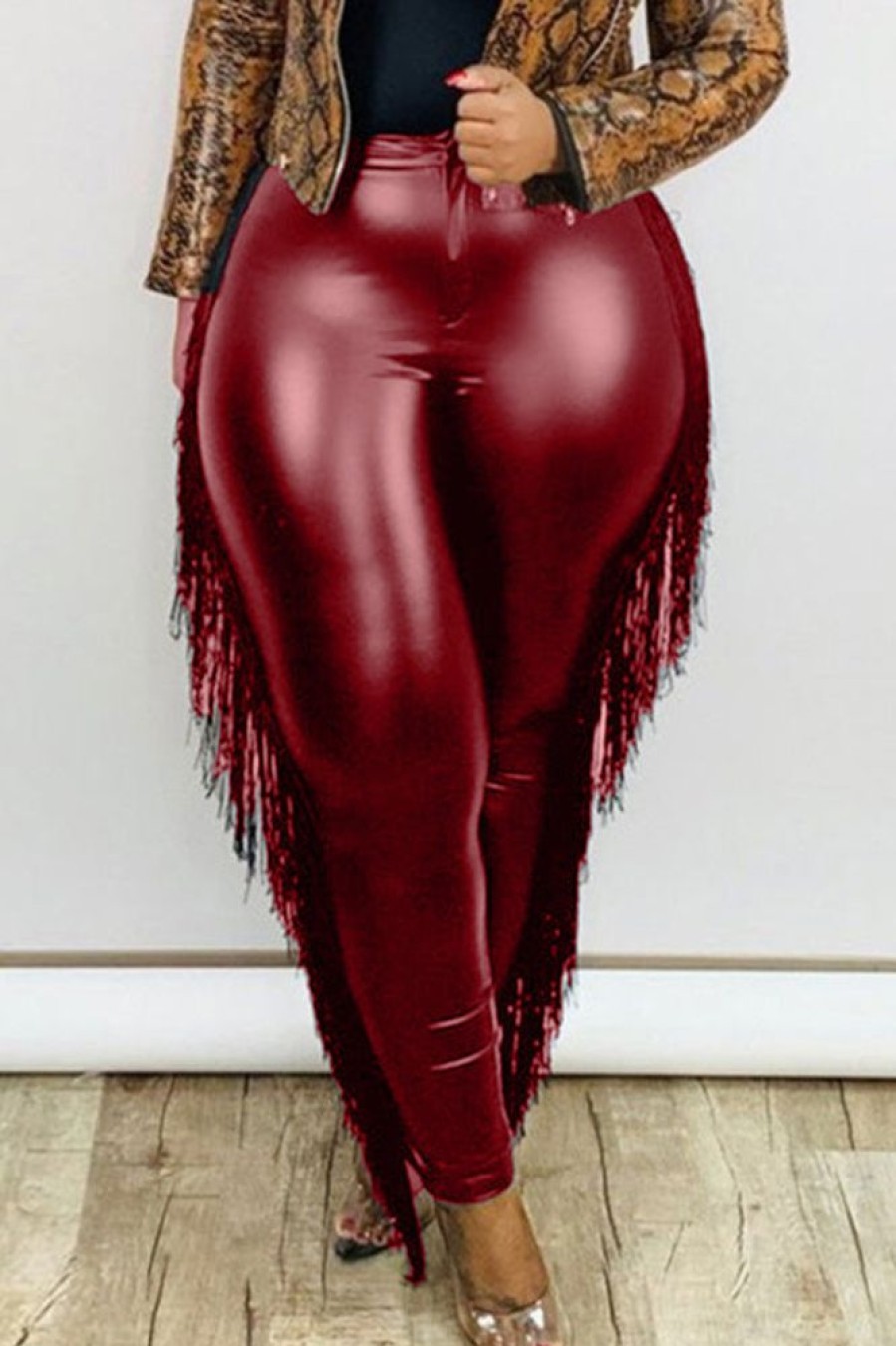 Bottoms female | Fashion Plus Size Tassels Slim Fit High Waist Faux Leather Pants