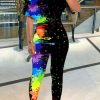 2-Pieces female | Color Splash Ink Printing Two Piece Pant Suits Black