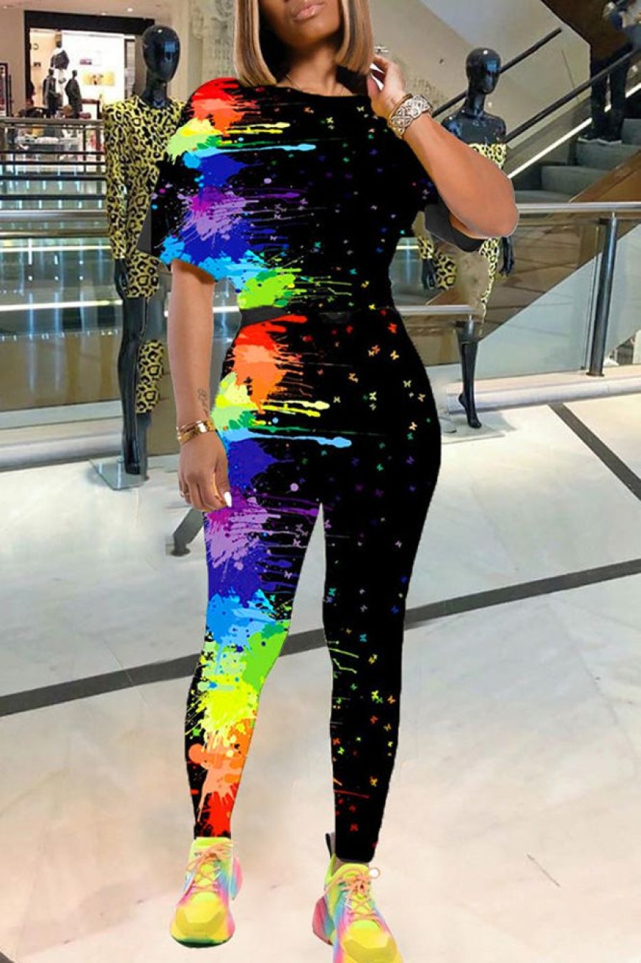 2-Pieces female | Color Splash Ink Printing Two Piece Pant Suits Black