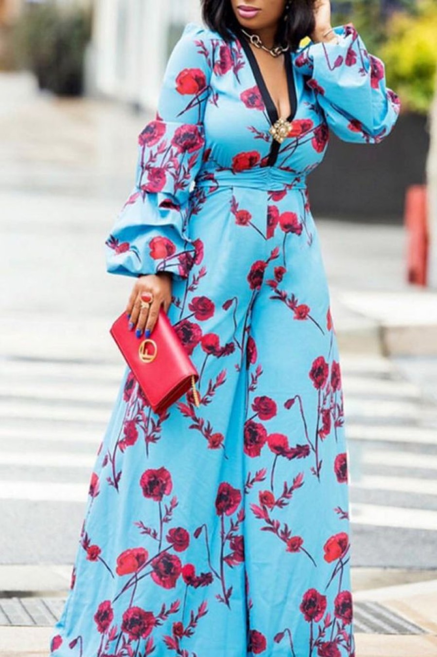 Jumpsuits & Rompers female | Celebrity Print High Waist Jumpsuit Blue