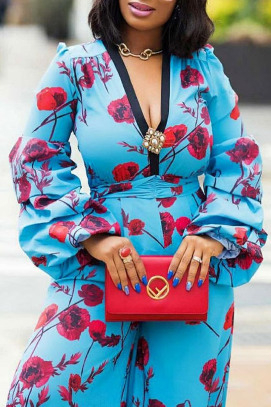 Jumpsuits & Rompers female | Celebrity Print High Waist Jumpsuit Blue