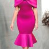 Dresses female | Fashion Line Neck Bow Ruffle Fishtail Banquet Evening Dress Rose Red