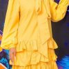 Dresses female | Pussy Bow Long Sleeve Ruffle Tiered Plus Size Midi Dress Yellow