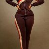 2-Pieces female | Plus Size Zip Collar Striped Side Pocket Jacket & Pants Set