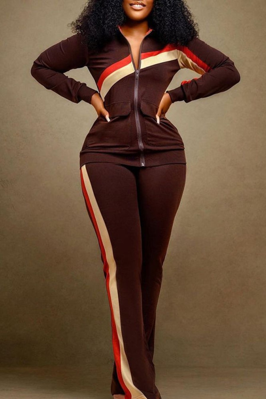 2-Pieces female | Plus Size Zip Collar Striped Side Pocket Jacket & Pants Set