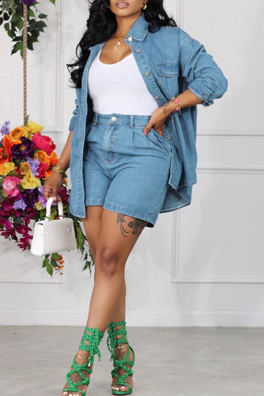 2-Pieces female | Casual Denim Jacket Shorts Two-Piece Set Blue