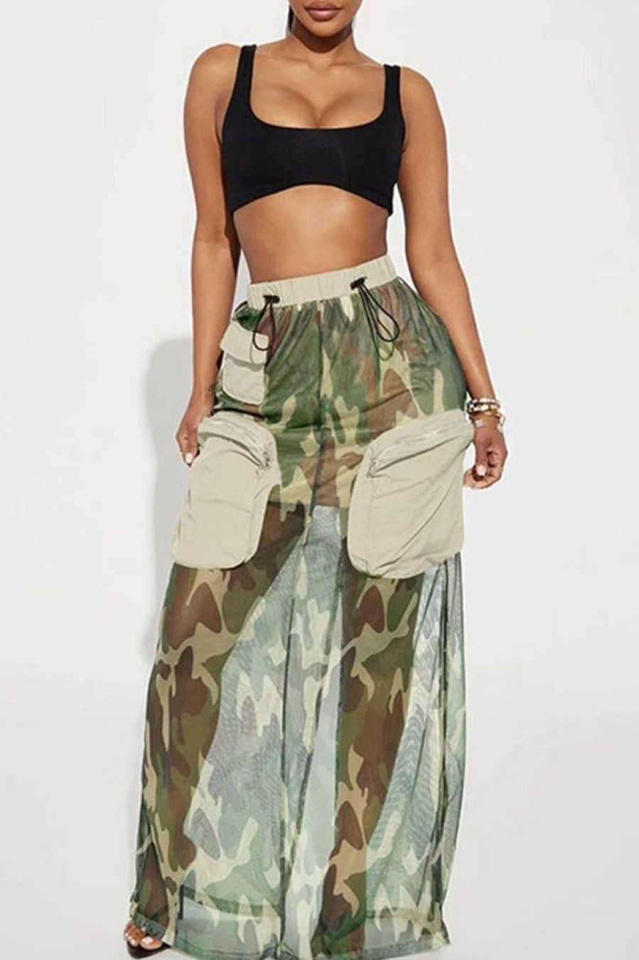 Bottoms female | Trendy Mesh Camouflage Print Drawstring Big Pocket Long Skirt Army Green