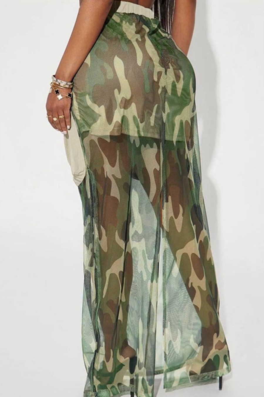 Bottoms female | Trendy Mesh Camouflage Print Drawstring Big Pocket Long Skirt Army Green