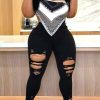 Bottoms female | Sexy Solid Color Ripped Skinny Jeans Black