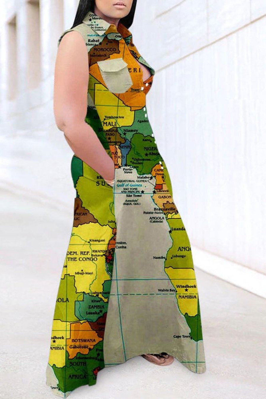 Dresses female | Casual Map Print Sleeveless Lapel Shirt Dress Multicolor