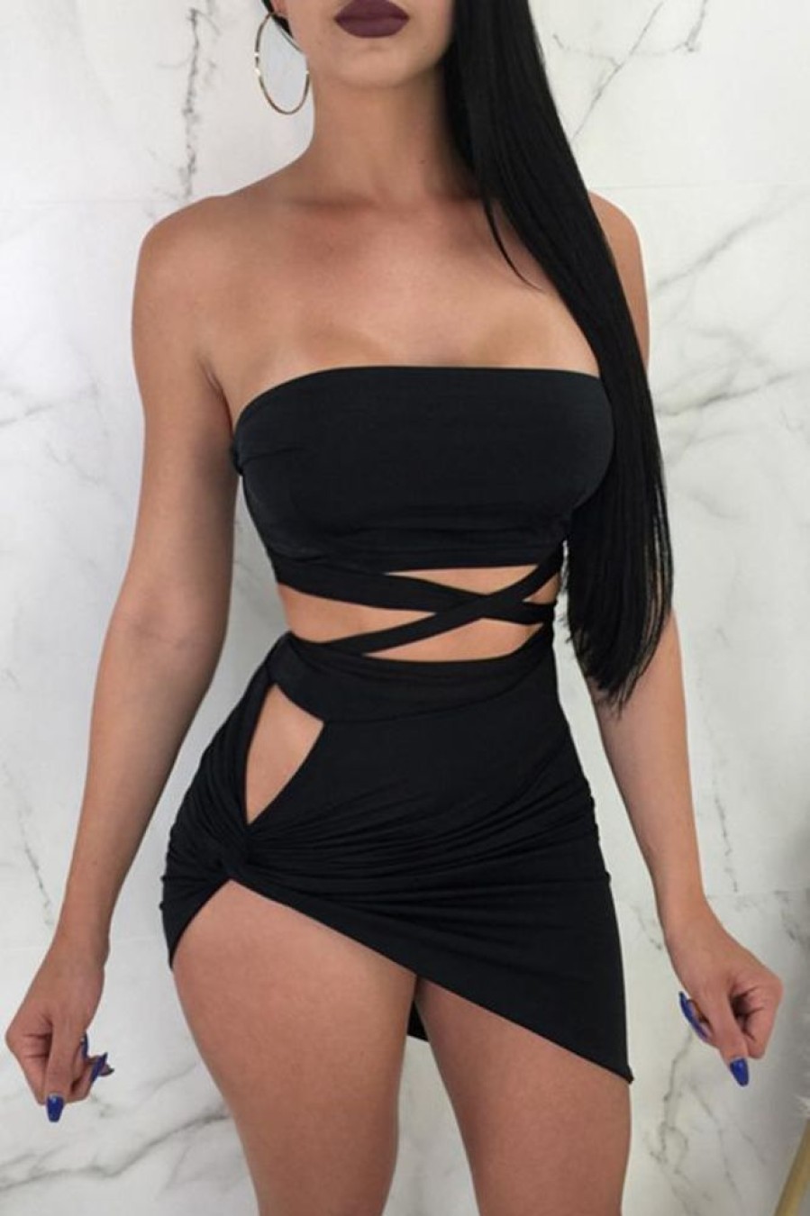 2-Pieces female | Sexy Strappy Asymmetric Solid Color Skirt Suit