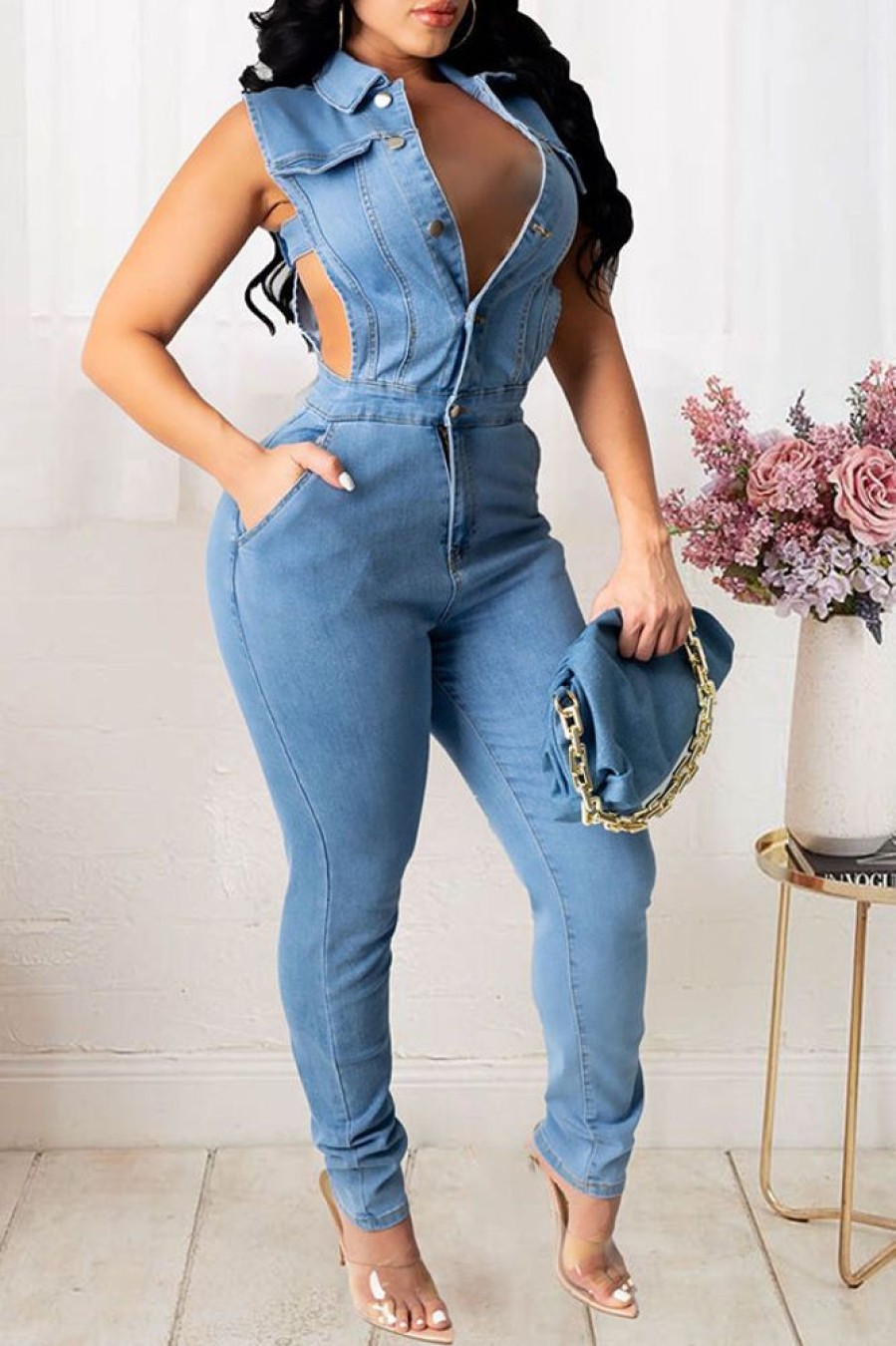 Jumpsuits & Rompers female | Fashion Female Slim Denim Jumpsuit Wathet Blue