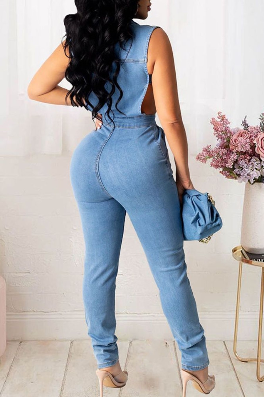 Jumpsuits & Rompers female | Fashion Female Slim Denim Jumpsuit Wathet Blue