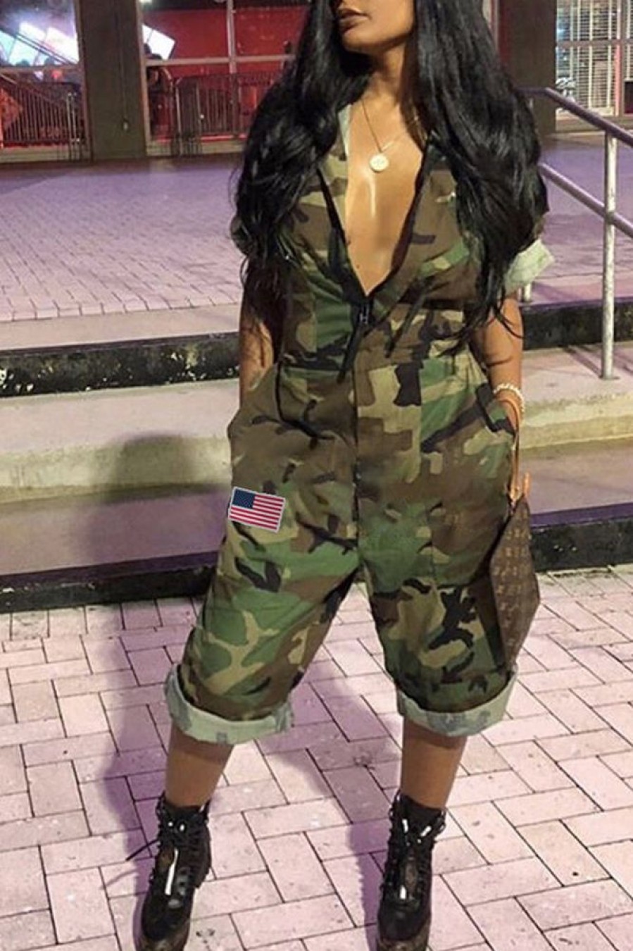 Jumpsuits & Rompers female | Casual Camouflage Zipper Short Sleeve Jumpsuit