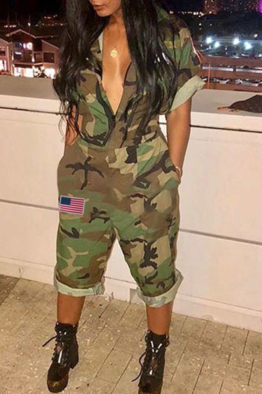 Jumpsuits & Rompers female | Casual Camouflage Zipper Short Sleeve Jumpsuit