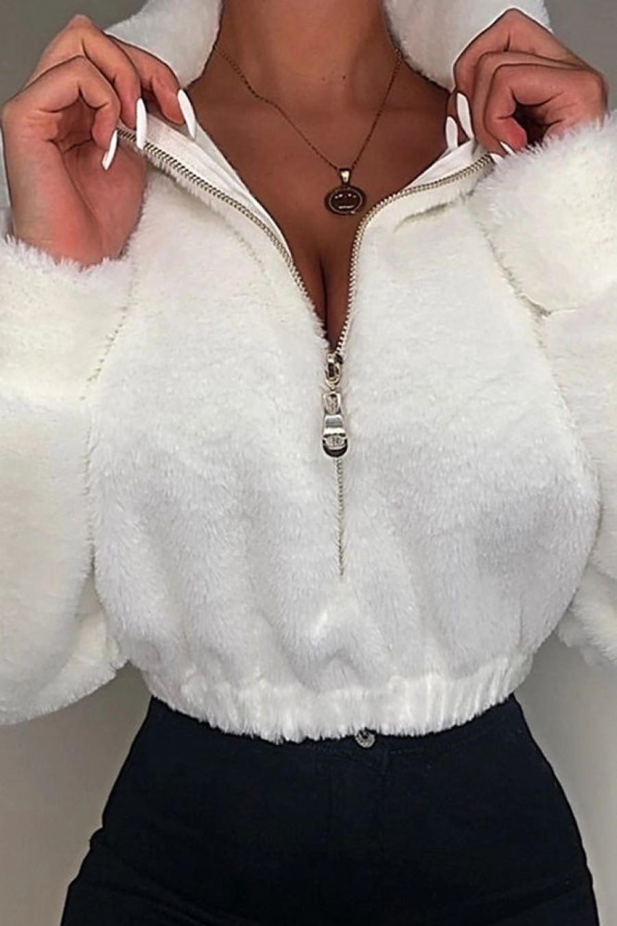 Tops & Outerwear female | Plush Stand Collar Zipper Solid Color Long Sleeve Sweatshirt White