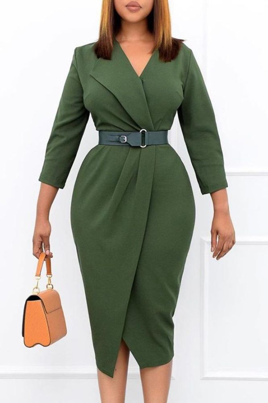 Dresses female | Commuter Irregular Lapel Slit Midi Dress (Without Belt)