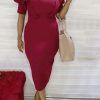 Dresses female | Temperament Solid Color V-Neck Ruffle Sleeve Slim Fit Midi Dress