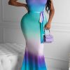 Dresses female | Fashion Gradient Print Slim Fit Lace Up Maxi Dress