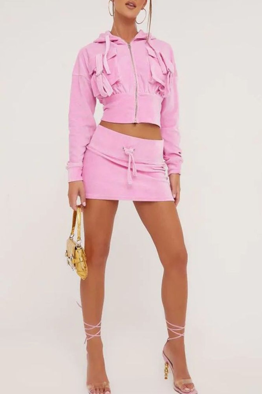 2-Pieces female | Sexy Pocket Zipper Hoodie Jacket Drawstring Slim-Fit Short Skirt Suits Pink