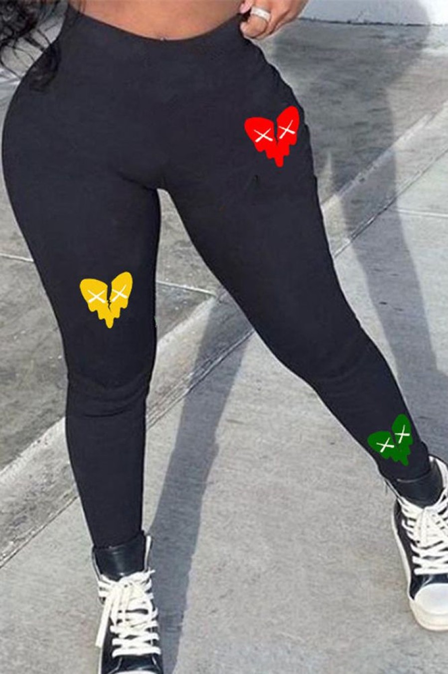 Bottoms female | Casual Heart Print Skinny Pants Black