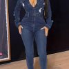 Jumpsuits & Rompers female | Casual Button Long Sleeve Denim Ripped Jumpsuit Blue