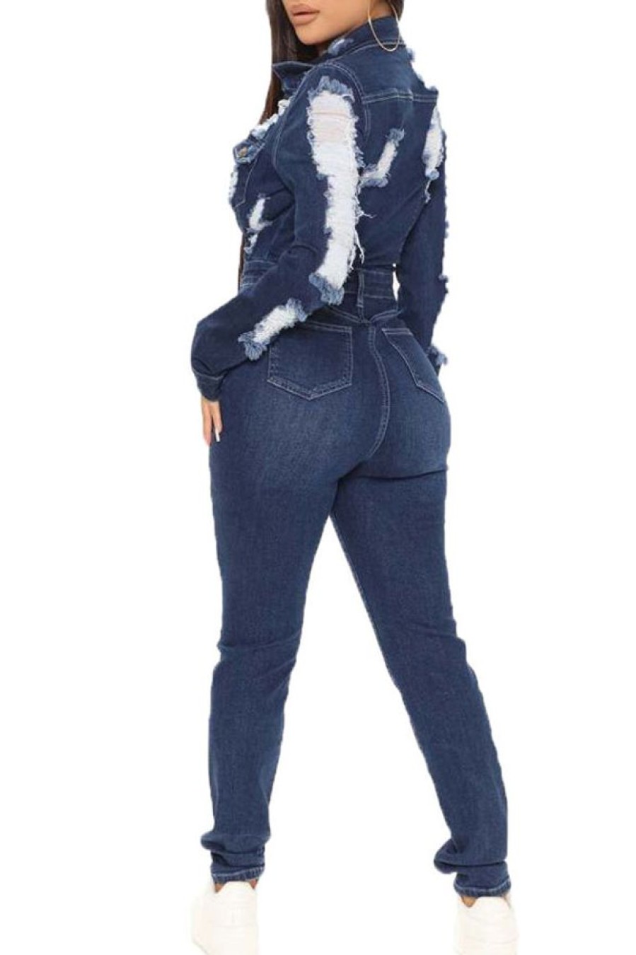 Jumpsuits & Rompers female | Casual Button Long Sleeve Denim Ripped Jumpsuit Blue