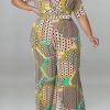 Jumpsuits & Rompers female | Fashion Color Block Print Half Sleeve V-Neck Belt Plus Size Jumpsuits