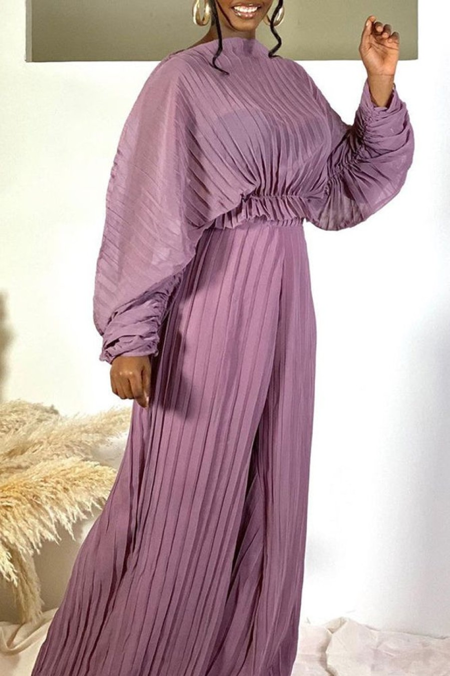 2-Pieces female | Elegant Pleated Solid Color Batwing Sleeve Blouse Pleated Wide-Let Pant Suits