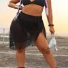 Swimwear female | Solid Color Bikini Fringe Skirt Three Piece Swimsuit Black