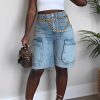 Bottoms female | Fashion Casual High Waist Solid Color Straight Pocket Denim Shorts Blue