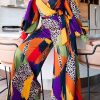 Jumpsuits & Rompers female | Plus Size Leopard Colorblock Lantern Sleeve Tie Jumpsuit