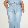 Jumpsuits & Rompers female | Plus Size Washed Denim Cap Sleeve Pocket Belt Jumpsuit