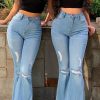 Bottoms female | Fashion All-Match Personality Raw Edge Ripped Flared Wide-Leg Jeans Wathet Blue