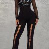 Jumpsuits & Rompers female | Patchwork Printed Mesh Pins Ripped Holes Stretch Jumpsuit Black