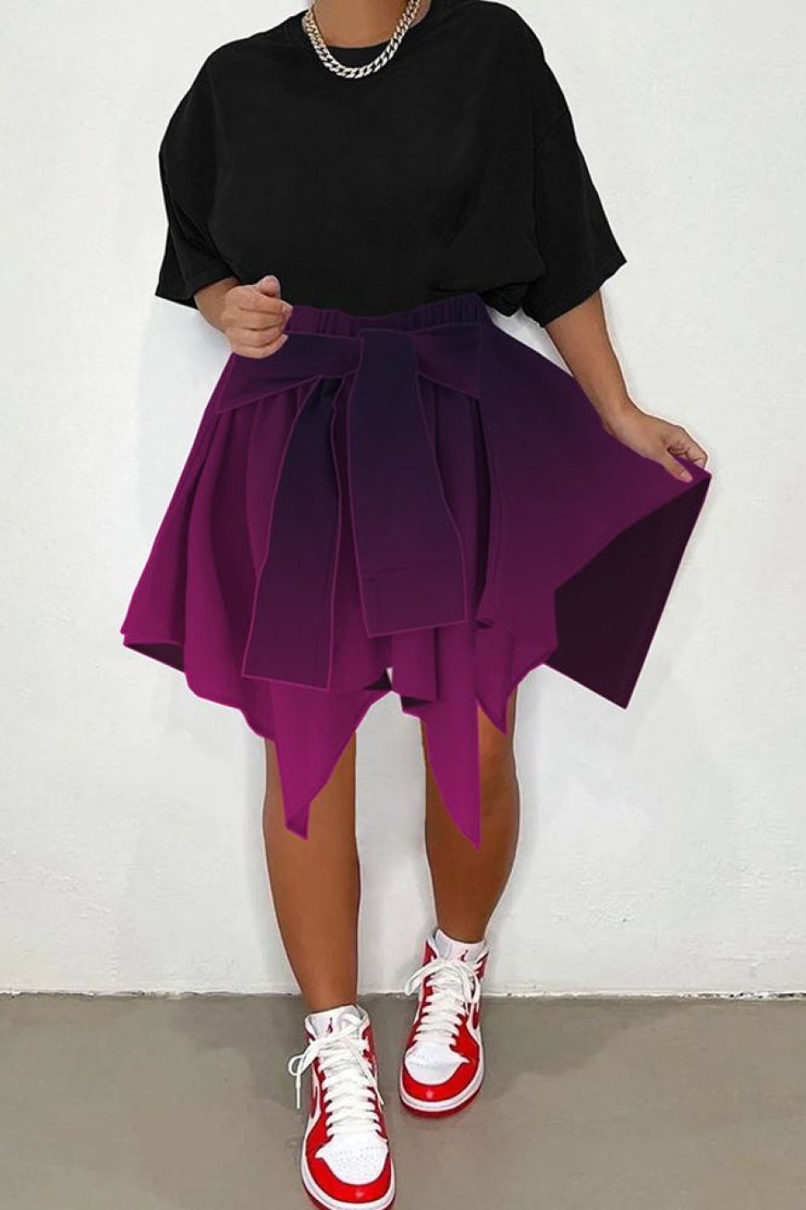 Bottoms female | Fashion Gradient Print High Wiast Knotted Irregular Skirts