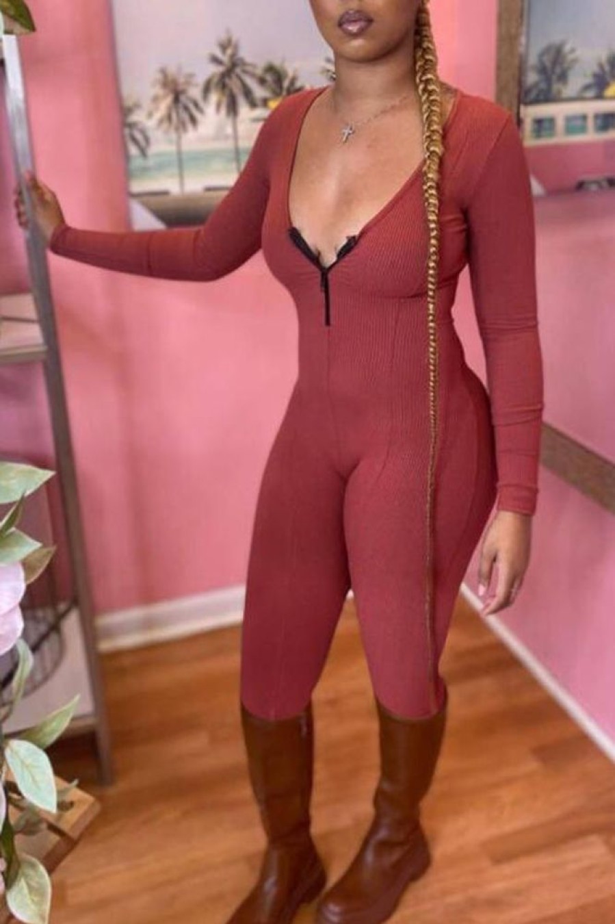 Jumpsuits & Rompers female | Sexy V-Neck Zipper Pit Strip Skinny Solid Color Jumpsuit