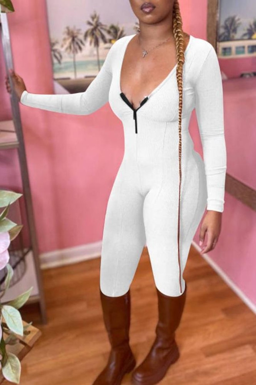 Jumpsuits & Rompers female | Sexy V-Neck Zipper Pit Strip Skinny Solid Color Jumpsuit