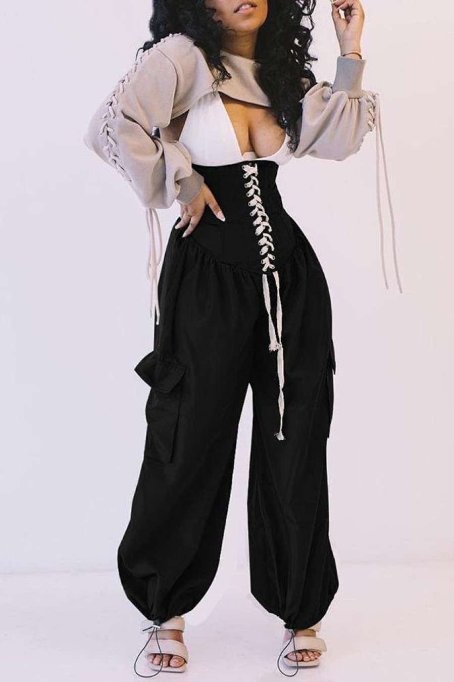 Bottoms female | Casual Strappy High Waisted Wide Leg Trousers Black