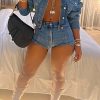 2-Pieces female | Trendy Lapel Single Breasted Short Denim Jacket Panel Shorts Set Blue