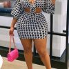 2-Pieces female | Sexy Deep V-Neck Houndstooth Knotted Plus Size Dress Suits