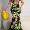 Dresses female | Beachy Floral Print Halter Drawstring Maxi Dress Multicolor