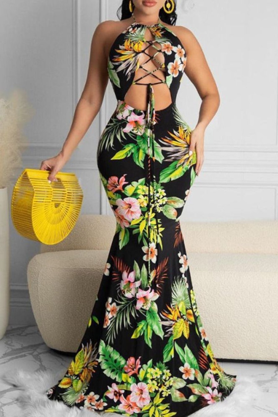 Dresses female | Beachy Floral Print Halter Drawstring Maxi Dress Multicolor