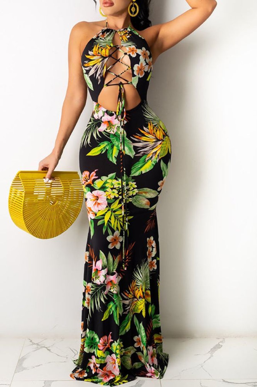 Dresses female | Beachy Floral Print Halter Drawstring Maxi Dress Multicolor