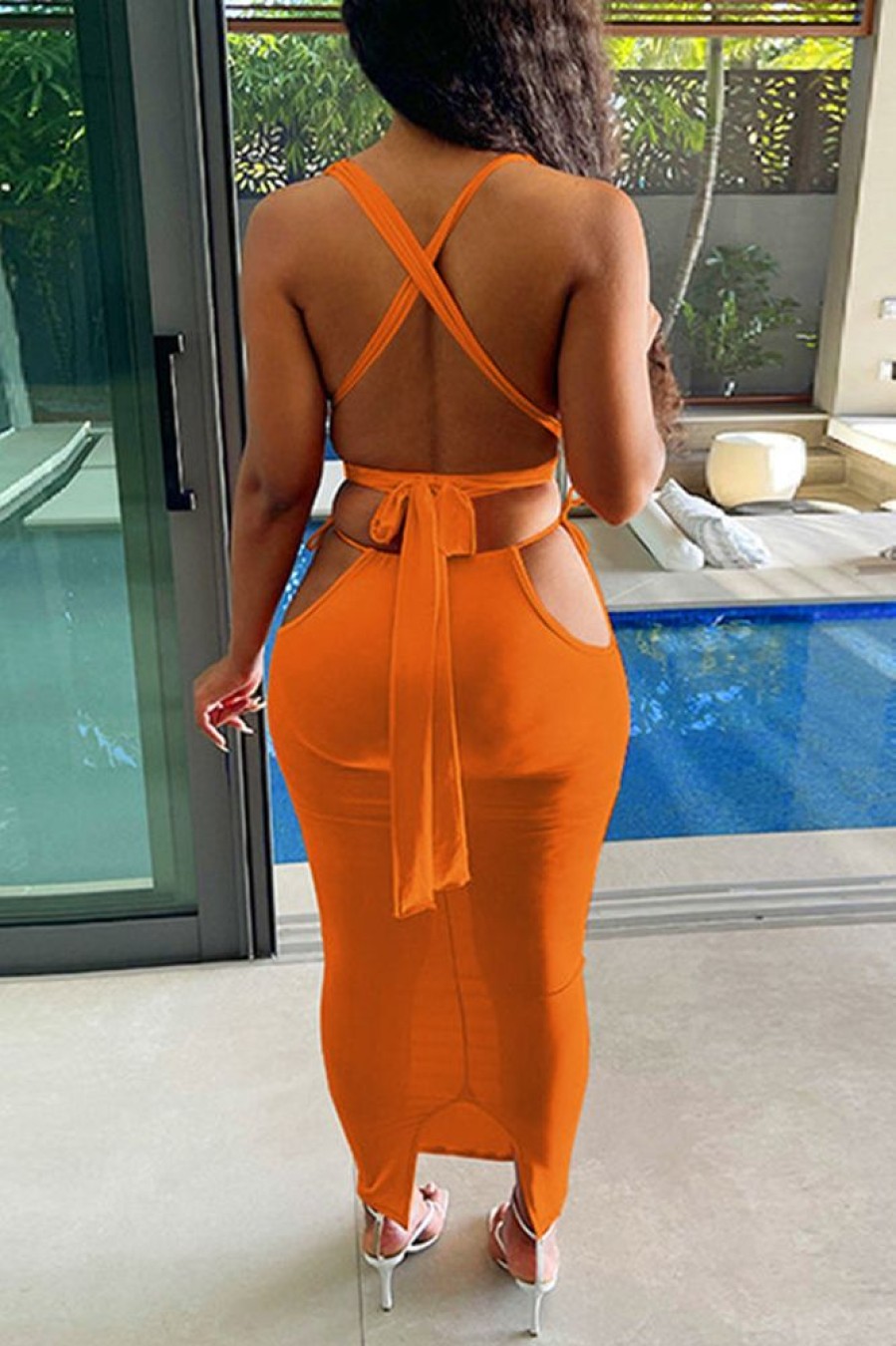 2-Pieces female | Fashion Casual Sexy Hollow Lace-Up Backless Solid Color Dress Suit