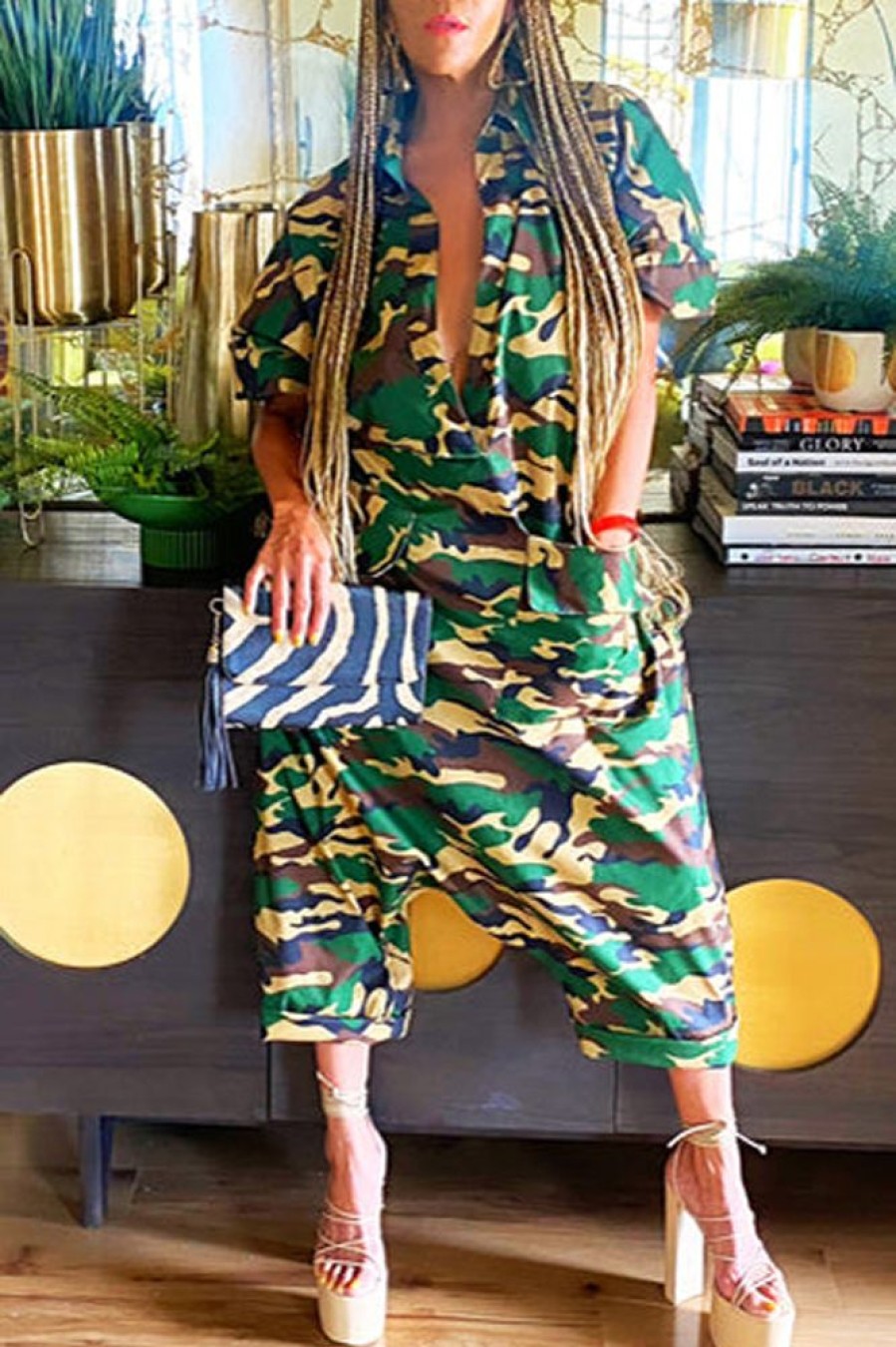 Jumpsuits & Rompers female | Statement V-Neck Half Sleeve Camouflage Drop-Crotch Jumpsuit Army Green