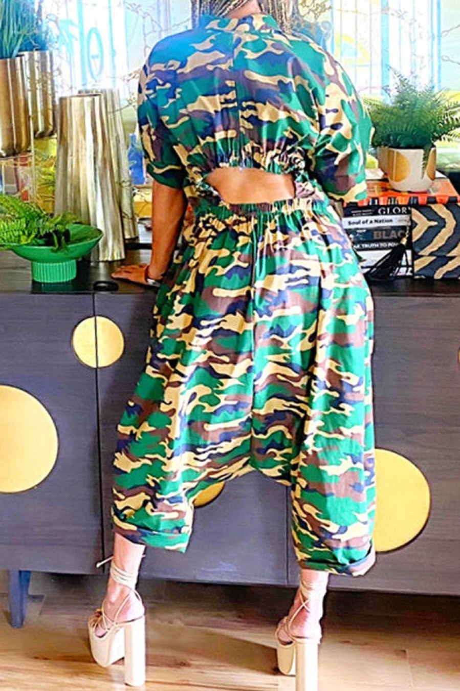 Jumpsuits & Rompers female | Statement V-Neck Half Sleeve Camouflage Drop-Crotch Jumpsuit Army Green