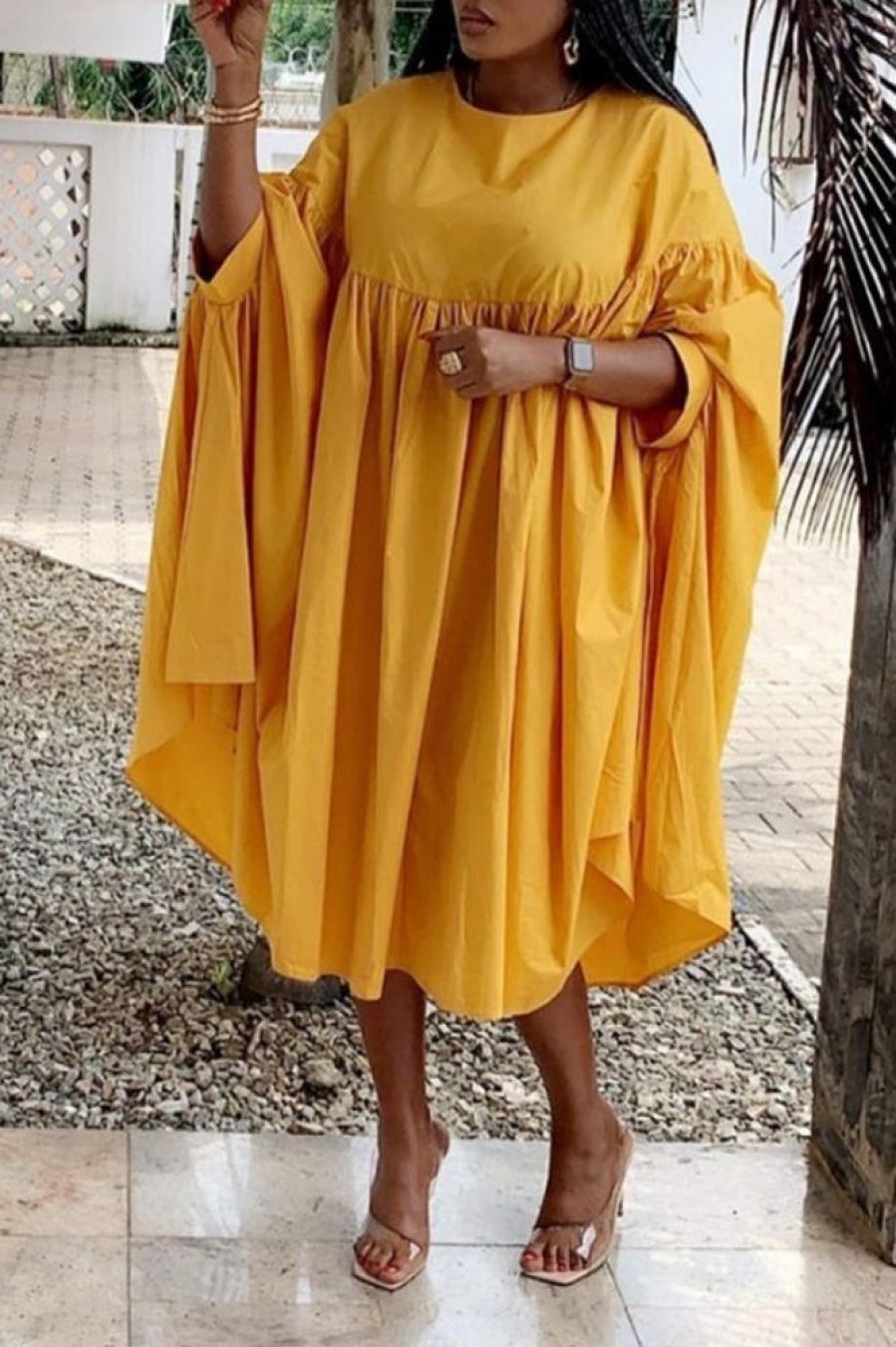 Dresses female | Casual Loose Solid Color Ruffle Plus Size Midi Bat Dress