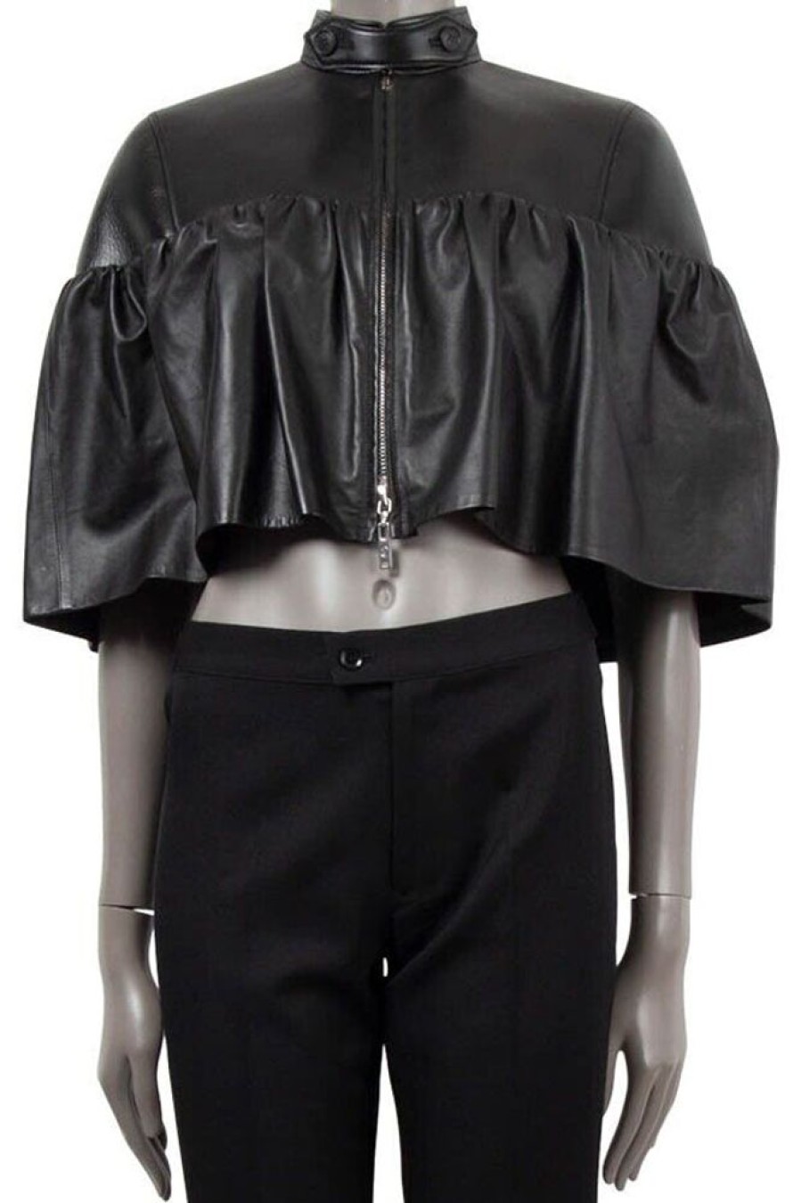 Tops & Outerwear female | Elegant Faux Leather Mandarin Collar Ruched Cape Top Black